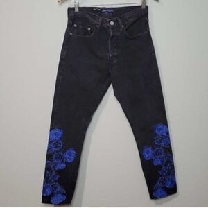 Levi's Jeans Made Crafted 501 Women 26x28 Black‎ Blue Embroidery Western Unique